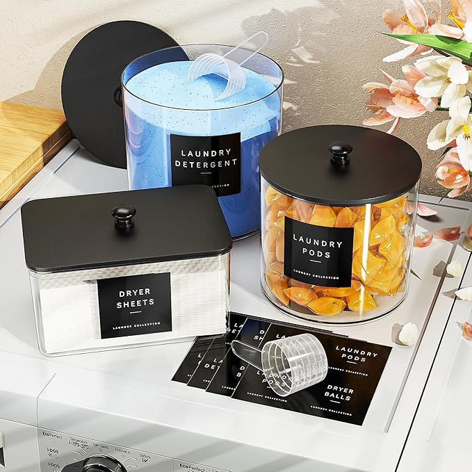 galasily 3 Pack Laundry Pods Container, Clear Laundry Room Organization Containers,Large Acrylic Detergent Powder Storage Containers Black Wooden Lids & Labels, Dryer Sheet Holder