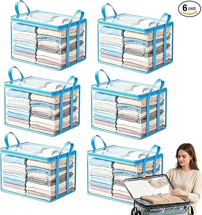 Large Heavy-Duty Thick Plastic Clear Storage Bag for Clothes, Plastic Storage Box with Hinged Lid, Heavy-Duty Durable High Capacity Organizer, Perfect for Home, Travel, Attic and Moving (6, Blue)
