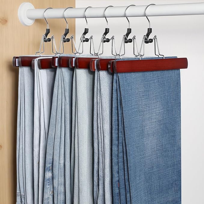 TOPIA HANGER 24 Pack Wooden Pants Hangers, Hair Extension Hangers Non Slip Skirt Hanger Wood Clamp with Velvet Padded 360° Swivel Hook for Jeans, Skirts, Trousers, Wigs Cherry CT68M