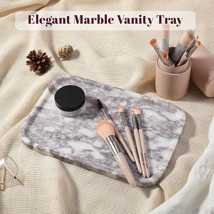 Karibiber Luxury Marble Vanity Tray, Bathroom Tray Countertop, Calacatta Marble/Stone, Home Decorative Dresser Organizer, Storage for Kitchen Sink, Perfume Jewelry Holder(Purple&White)