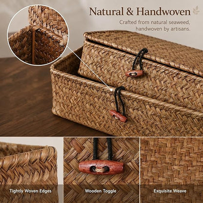 YANGQIHOME Set of 2 Seagrass Baskets with Lids, Rectangular Woven Storage Baskets, Natural Wicker Basket Boxes for Coffee Table, Shelf, Bathroom Counter & Closet Decor (Coffee, Set of 2)