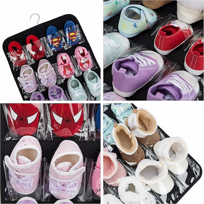 PACMAXI Over The Door Shoes Organizer for 12 Pairs of Baby Shoes Boys Girl, Hanging Baby Shoe Organizer with Hanger(Polyester Material-Black)