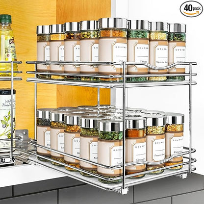 LYNK PROFESSIONAL® Pull Out Spice Organization for Cabinets - 8-3/8 inch Wide – Spice Rack for Inside Cabinets, Slide Out Spice Rack Organizer for cabinet – Pull Out Spice Rack, Sliding 2 Tier Chrome
