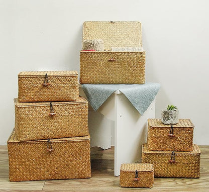 FEILANDUO Wicker Shelf Basket with Lids, Seagrass Storage Baskets Bins Rectangular Woven Baskets Boxes for Organizing Multipurpose Container Boho Home Decor Set of 3