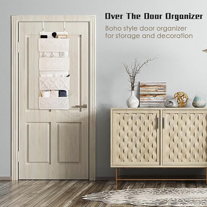 janebeauties Over the Door Organizer Macrame Boho Nursery Storage with 4 Large Woven Pockets, Hanging Basket for Bathroom, Nursery & Closet Doors, Behind the Door Storage Organizer, Cream White