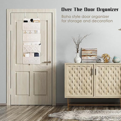 janebeauties Over the Door Organizer Macrame Boho Nursery Storage with 4 Large Woven Pockets, Hanging Basket for Bathroom, Nursery & Closet Doors, Behind the Door Storage Organizer, Cream White
