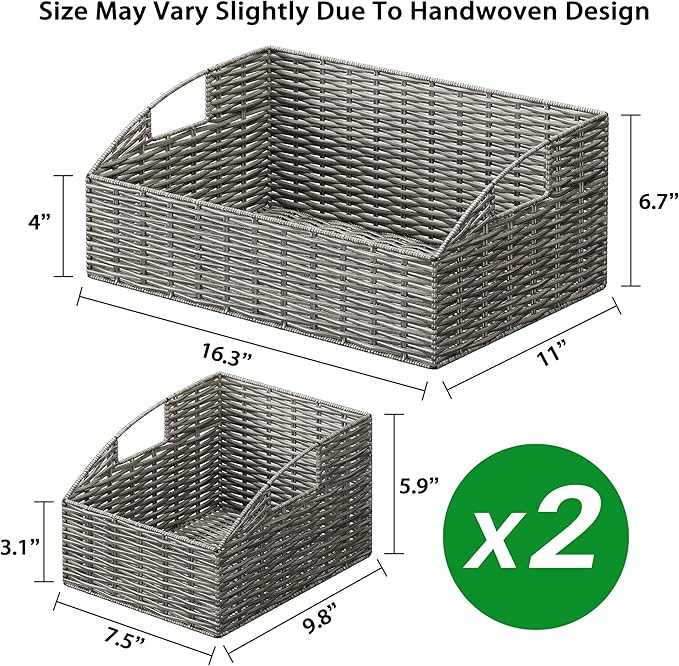 Rattan Storage Baskets, Handwoven Wicker Storage Bins with Built-in Handles, Storage Container Baskets for Shelves, Bedroom, Bathroom, Laundry Room or Kitchen(Grey)