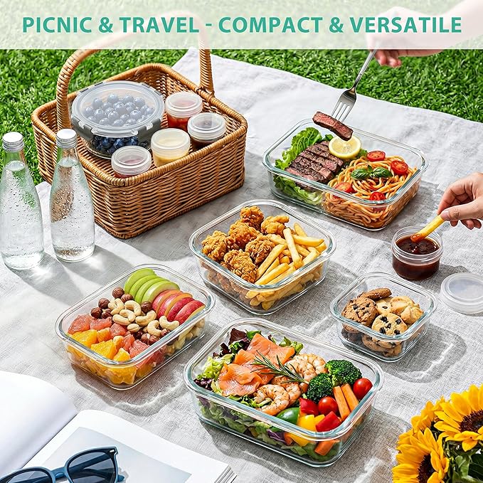 AMALEKO 34pc Glass Food Storage Containers with Lids Set, Airtight Glass Meal Prep Containers, Leak Proof Lunch Container BPA-Free, Microwave, Oven, Freezer, Dishwasher Safe-Gray