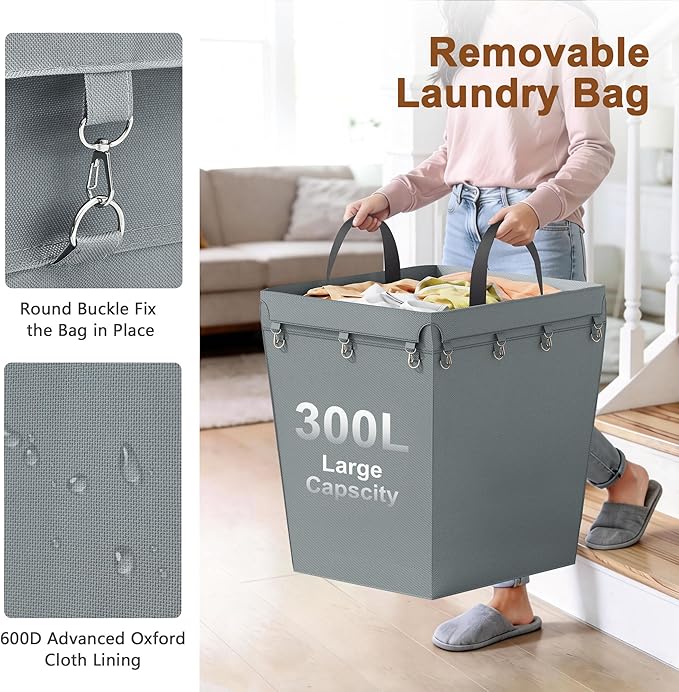 Hoctieon Large Laundry Cart with Wheels, 300L Heavy Duty Laundry Basket Organizer, Rolling Hamper Sorter for Clothes Storage, Industrial Dirty Clothes Hamper for Home & Hotel, Gray