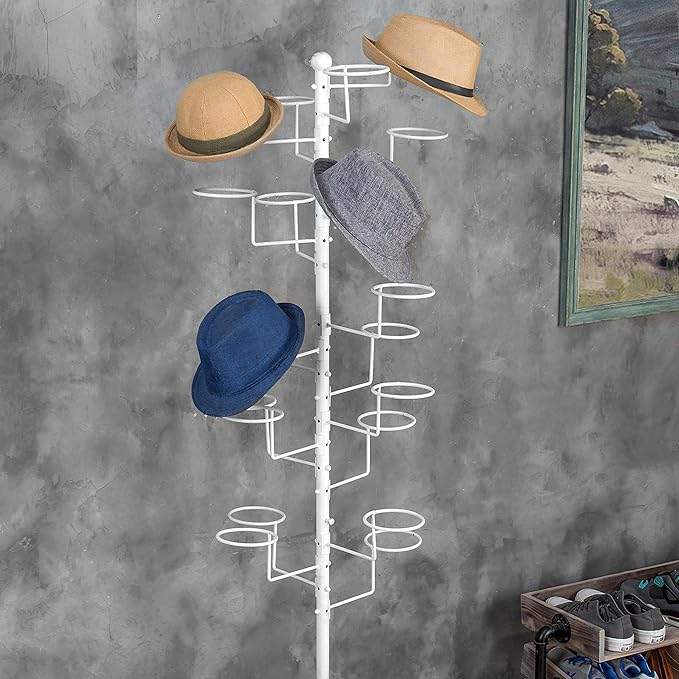 MyGift Hat Rack Stand, Cowboy Hat Display, Baseball Cap Organizer, Retail Wig Holder Storage with 20 Customizable Circular Hooks for Multiple Hats, Hat Tree Freestanding, White Metal