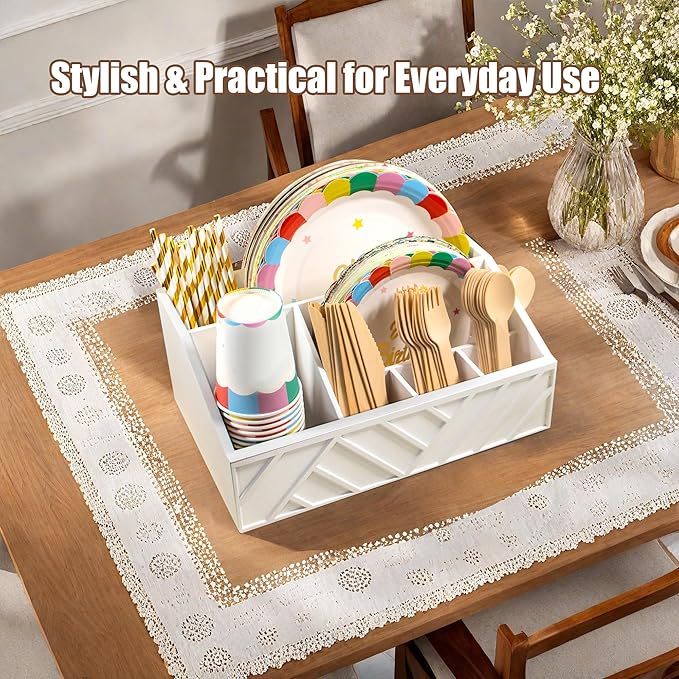 Paper Plate Dispenser with 6 Compartments – Wooden Utensil & Silverware Caddy Holder for Party, BBQ, Camping – Disposable Cutlery Organizer for Kitchen Countertop or Buffet Station, White