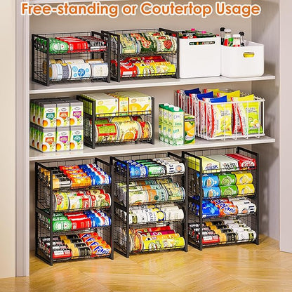 X-cosrack 2 Packs Stackable Can Rack Organizer for Pantry, 2-Tier Sturdy Adjustable Pantry Can Storage Organizer for Canned Food Can Goods, Kitchen Can Dispenser Holder for Soda Drinks Snack, Black