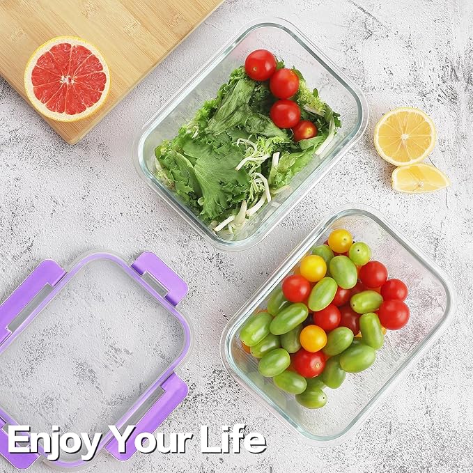 HOMBERKING 24pc Glass Food Storage Containers with Lids, Glass Meal Prep Containers, Airtight Bento Boxes, BPA Free & Leak Proof, Pantry Kitchen Storage(12 lids & 12 Containers) - Purple