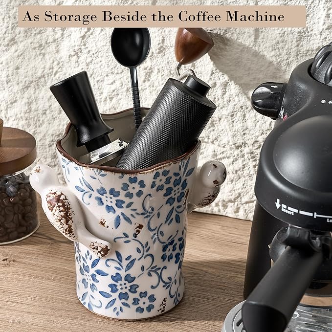 6.34"H Utensil Holder for Kitchen Counter, Modern Farmhouse Cooking Utensil Holder and Crock Home Kitchen Decor, Ceramic Utensil Organizer for Spatula, Ladle, Eggbeater, Rolling Pin- Blue and White