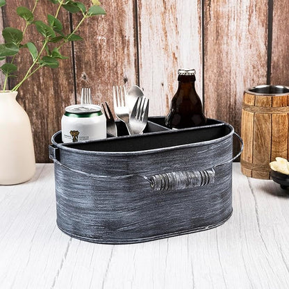 GoCraft Galvanized Flatware Caddy – Rustic Metal Utensil Holder with Handle – 4-Compartment Kitchen Organizer for Cutlery, Napkins, BBQ Tools – Farmhouse Table Decor & Storage