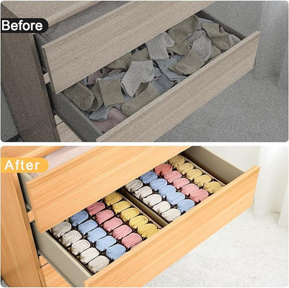 Sock Organizer 4 Pack, Large Sock Drawer Divider, Underwear Storage 24 Cell Closet Organizers and Storage for Wardrobes, Drawers. (Beige)