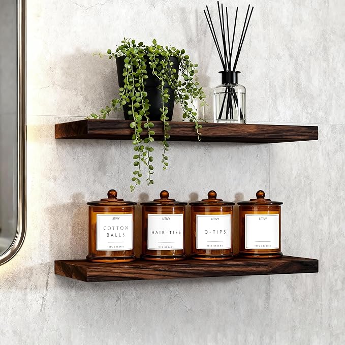 LITIVY 4 Pack Bathroom Organizers and Storage - 16 Oz Glass Qtip Holder & Cotton Pad Dispenser with Lid, Apothecary Jars for Home, Room Decor, Kitchen Organizer (Amber)