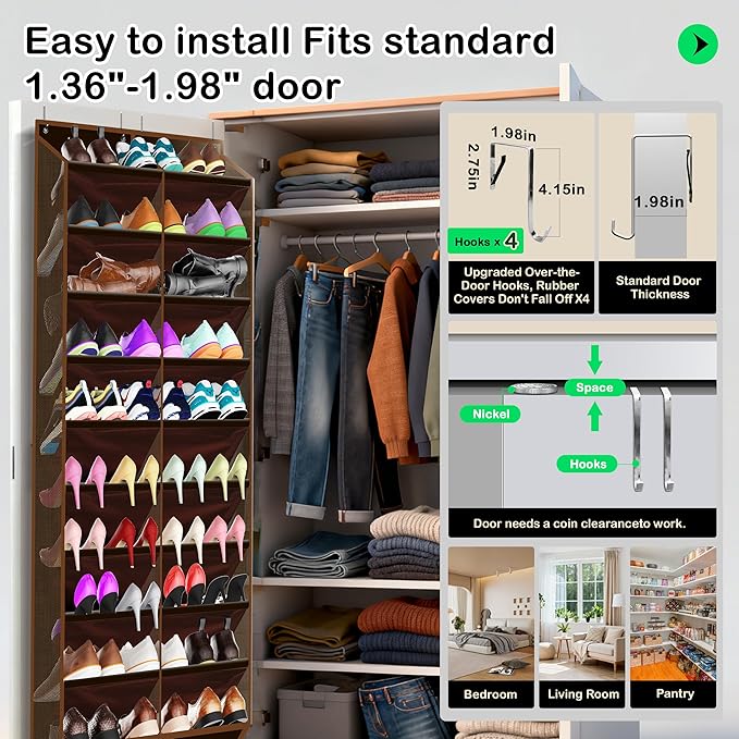 Kotkn 10-Tier Over the Door Shoe Organizer, 20 Pockets Holds 20-30 Pairs, Heavy-Duty Oxford Fabric with Hexagon Mesh for Boots & Sneakers-Coffee Brown
