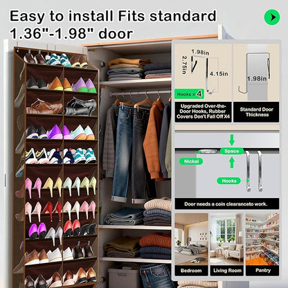 Kotkn 10-Tier Over the Door Shoe Organizer, 20 Pockets Holds 20-30 Pairs, Heavy-Duty Oxford Fabric with Hexagon Mesh for Boots & Sneakers-Coffee Brown