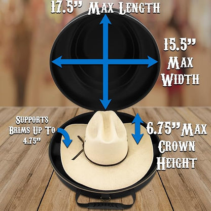 CASEMATIX Cowboy Hat Box and Portable Storage for Brims Up To 4.75'' - Hard Shell Case with Adjustable Carry Strap, Luggage ID Slot Foam Insert Dipping Brim Hats, Black, 18'' x 16'' x 8.3''