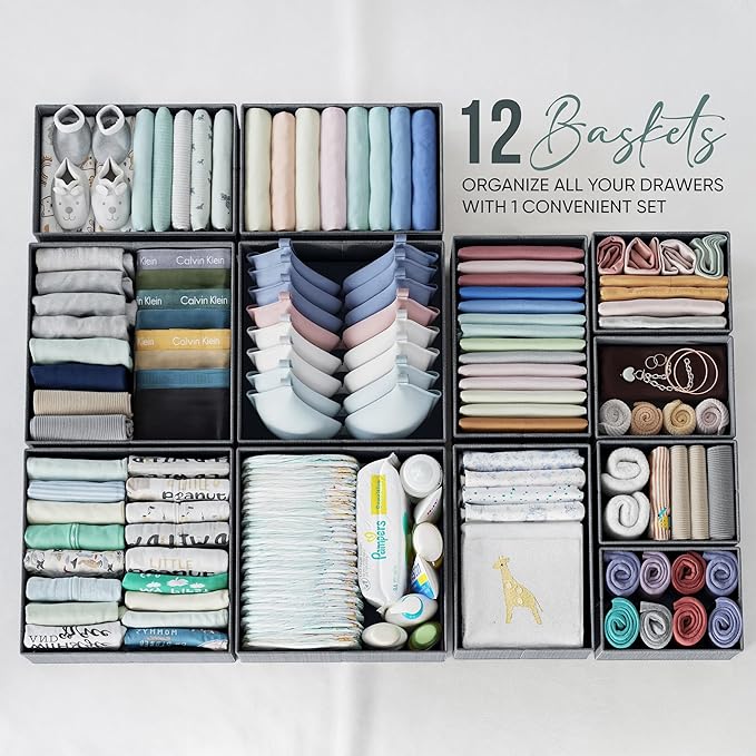 Drawer Organizer Set of 12 Dark Grey - Nursery, Bedroom, Closet Organizer & Storage