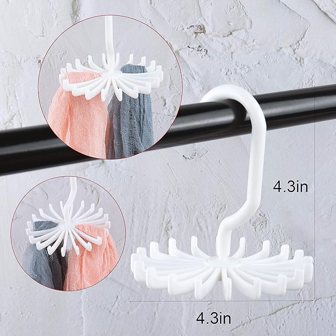 AUEAR, 8 Pack 360 Degree Rotating Scarf Hanger 20 Hooks Twirl Plastic Ties for Women Men Home Bedroom Supplies (White)