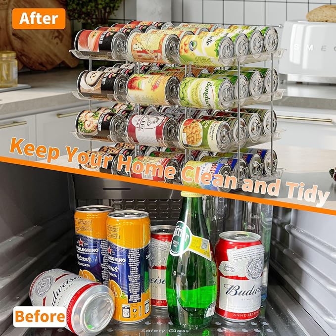 Stackable 3-Tier Can Organizer for Pantry & Fridge – Clear Auto-Rolling Rack Holds 36 Cans | Space-Saving Storage for Soda & Canned Food (3 Interlocking Sets)