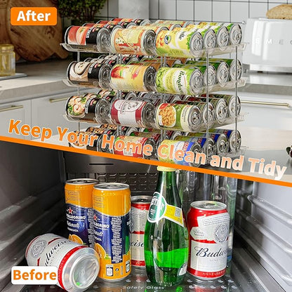 Stackable 3-Tier Can Organizer for Pantry & Fridge – Clear Auto-Rolling Rack Holds 36 Cans | Space-Saving Storage for Soda & Canned Food (3 Interlocking Sets)