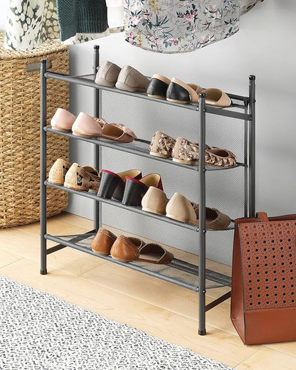 Whitmor Metal & Mesh 4-Tier Shoe Rack, Store up to 12 Pairs of Shoes, Stackable, 9" L x 21.6" W x 27" H, Gunmetal
