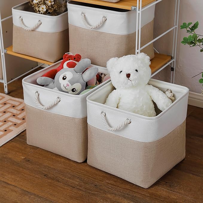 MidmmVick 13 x 13 Inch Cube Storage Bins, 4 Pack Large Collapsible Fabric Storage Bin with Ropes, Foldable Storage Cubes for Home, Office,Closet, Clothes, Toys Organizer (White & Beige)