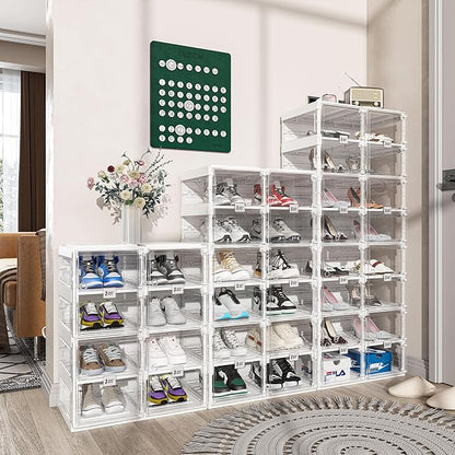 ANTBOX Collapsible Shoe Boxes Clear Plastic Stackable, Quick Setup Drop Front Shoe Organizer, Display Storage Cabinet for Sneakers10 Tiers 20 Pairs