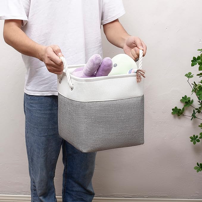MidmmVick 11 x 11 Inch Cube Storage Bins, 6 Pack Large Collapsible Fabric Storage Bin with Ropes, Foldable Storage Cubes for Home, Office,Closet, Clothes, Toys Organizer (White & Grey-11"x11"x11")