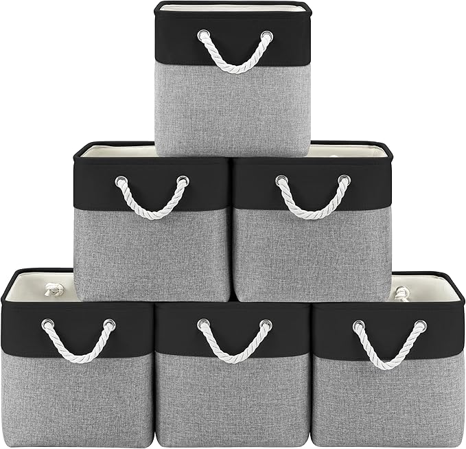 Patvingot 11 Inch Cube Storage Bins, 6 Pack Fabric Storage Cubes with Rope Handles, Organizer Baskets for Closet Shelves, Clothes and Home Organization(Dark/Gray)