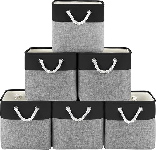 Patvingot 11 Inch Cube Storage Bins, 6 Pack Fabric Storage Cubes with Rope Handles, Organizer Baskets for Closet Shelves, Clothes and Home Organization(Dark/Gray)