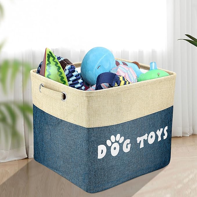 PET ARTIST Dog Toy Basket, Collapsible Dog Toy Bin Box with Comfortable Handles, Large Pet Toy Storage Basket Organizer for Accessories, Toys,Coat & Clothing,Blanket Leash (Navy Blue, L:15"x13"x12")