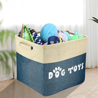 PET ARTIST Dog Toy Basket, Collapsible Dog Toy Bin Box with Comfortable Handles, Large Pet Toy Storage Basket Organizer for Accessories, Toys,Coat & Clothing,Blanket Leash (Navy Blue, L:15"x13"x12")