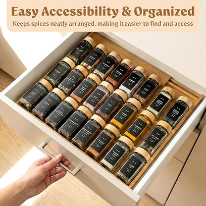 EDELHAUS Bamboo Spice Drawer Organizer - Expandable 4 Tier Spice Rack (Need 3" Deep Drawer) 12" to 24" Wide, Seasoning Organizer, Organization Seasoning Rack insert (Jars Not Included)