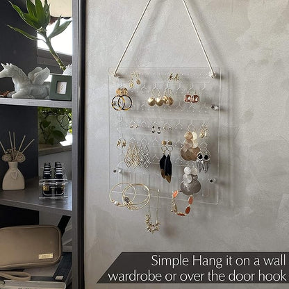 Earring Holder for Wall Hanging Jewelry Organizer Display Acrylic Hanger Rack with 96 Holes, 6 Hooks for Necklaces, Bracelets (Accessories are not included)