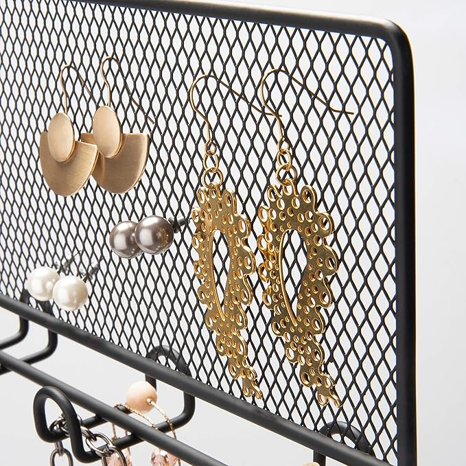 Simplify 12 Double Sided Jewelry Storage Hanger, Mesh Backing for Earrings, Hooks for Bracelets & Necklaces, Space Saver, Black, 26655-BLACK
