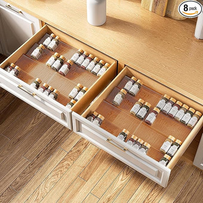 MUDEELA Clear Spice Drawer Organizer, 4 Tier- 4 Set (8 Packs) Spice Rack for Drawer, Expandable From 11" to 22" Kitchen Seasoning Organizers and Storage for Drawer (Jars not included), Amber