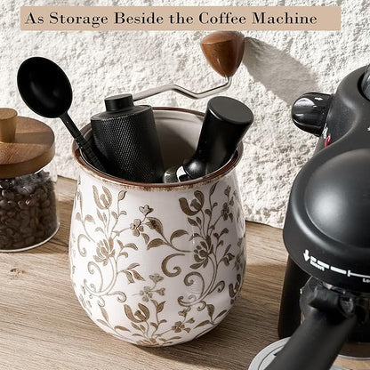 Utensil Holder for Kitchen Counter, Modern Farmhouse Cooking Utensil Holder and Crock Home Kitchen Decor, Ceramic Utensil Organizer for Spatula, Ladle, Eggbeater, Rolling Pin- Brown Flower Patterns
