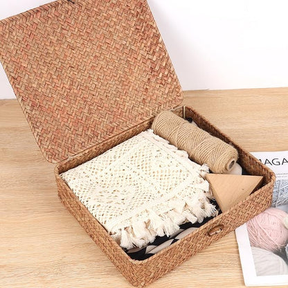 Moosky Flat Wicker Shelf Baskets with Lid, Handwoven Seagrass Basket Boxes for Storage Baskets Bins Home Decor Organizer (Coffee Set of 2)