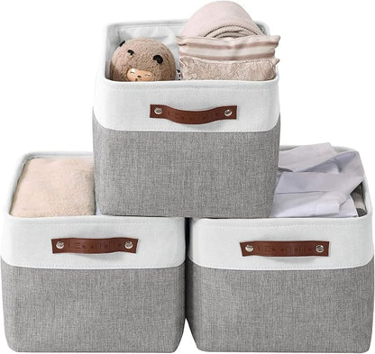 DECOMOMO Storage Bins, Large Fabric Storage Baskets for Shelves, Decorative Linen Closet Organizer, 15 x 11 x 9.5 inches (Grey & White, 3 Pack)