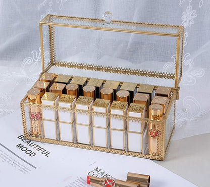 FSyueyun Glass Lipstick Organizer Holder with 24 Slot, Dust Free Vanity Lip Gloss Lipstick Eye Liner Makeup Display Cases Decoration for Dresser Countertop