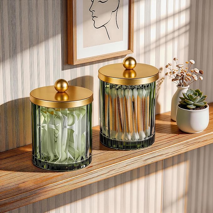 Amolliar Sage Green Glass Qtip Holder Dispenser, Bathroom Canister Apothecary Jar for Cotton Swabs, Cotton Balls, Round Pads, Floss Picks, Countertop Storage Organizer Container for Vanity,Gold 2 Pack