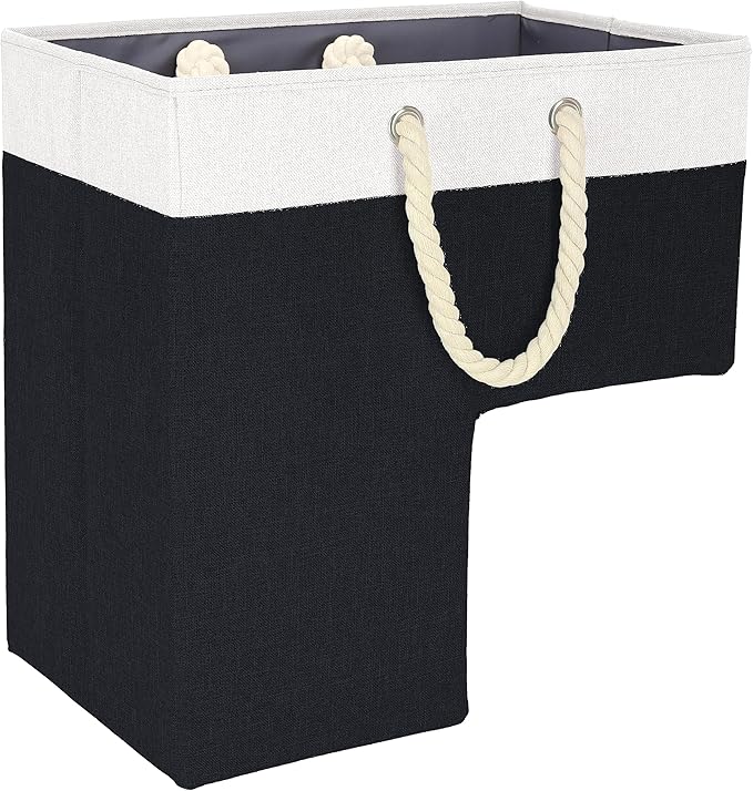 SAM AND MABEL Stair Baskets for Carpeted and Wooden Stairs – 16”L x 10”W x 16”H Foldable Staircase Basket with Handles, Stairstep Storage Organizer (Chic Black and White)