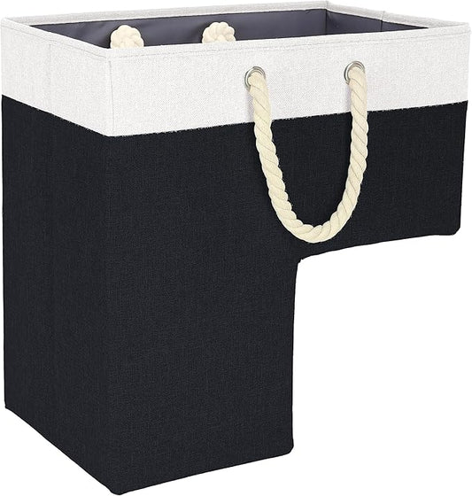 SAM AND MABEL Stair Baskets for Carpeted and Wooden Stairs – 16”L x 10”W x 16”H Foldable Staircase Basket with Handles, Stairstep Storage Organizer (Chic Black and White)