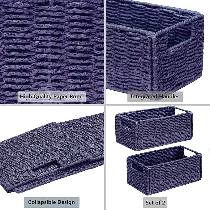 Vagusicc Wicker Storage Basket, Set of 2 Hand-Woven Paper Rope Wicker Basket, Small Storage Baskets for Organizing Toilet Paper, Foldable Small Cube Organizer Bins for Shelves (Purple)