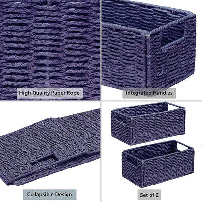 Vagusicc Wicker Storage Basket, Set of 2 Hand-Woven Paper Rope Wicker Basket, Small Storage Baskets for Organizing Toilet Paper, Foldable Small Cube Organizer Bins for Shelves (Purple)