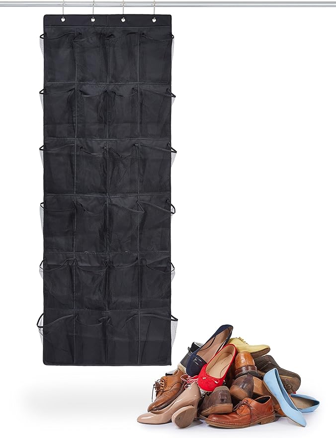 Shoe Organizer, Over The Door Hanging Closet Rack | 24 Large Mesh Pockets Fit Up To Size 14 | Strong Metal Hooks | Sturdy Black Fabric Holder| Perfect Storage For Trainers, Boots, Sandals